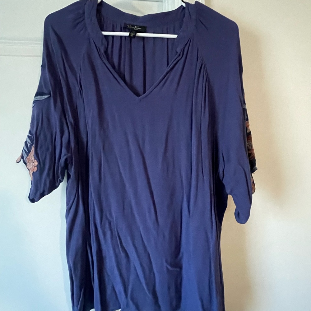 Jessica Simpson Blue Floral Cuffed Sleeve Blouse Relaxed Fit
